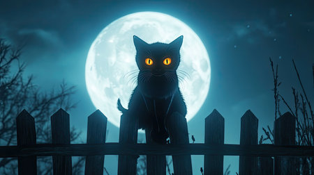 A striking silhouette of a black cat perched on a wooden fence under a bright full moon. This eerie night scene evokes mystery and creativity, perfect for Halloween themes.の素材