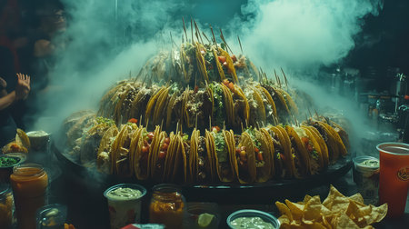 A striking display of tacos stacked high on a platter, enveloped in steam, showcasing an array of vibrant and fresh ingredients perfect for any food celebration.の素材