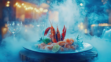 A stunning seafood platter showcases shrimp and lobster, elegantly garnished and enveloped in ethereal smoke, perfect for fine dining experiences.の素材