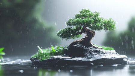 A tranquil scene featuring a bonsai tree on a rugged stone island, enveloped in gentle raindrops that create a serene ambiance in nature.の素材