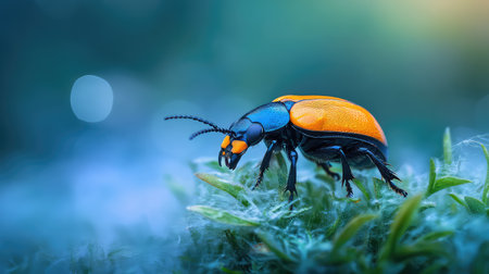 A stunning close-up of a vibrant beetle crawling on green moss, showcasing intricate details and colors in a natural outdoor setting, highlighting biodiversity.の素材