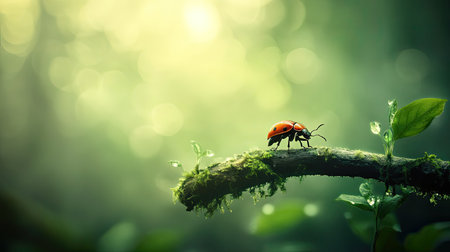 A stunning close-up of a ladybug perched on a mossy branch, surrounded by a dreamy forest background. The soft sunlight creates an enchanting atmosphere.の素材