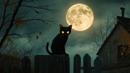 A captivating black cat with glowing eyes sits on a wooden fence, gazing at the full moon. This haunting scene evokes a sense of mystery and tranquility.の素材