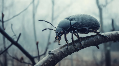 This captivating image features a black beetle perched on a branch in a foggy forest, showcasing intricate details of its anatomy. The misty backdrop adds an atmospheric depth, perfect for nature and entomology enthusiasts.の素材