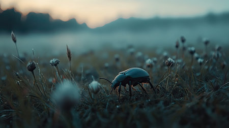 A captivating close-up of a beetle foraging on dew-covered grass in a serene foggy landscape at dawn, showcasing the beauty of nature's delicate details.の素材