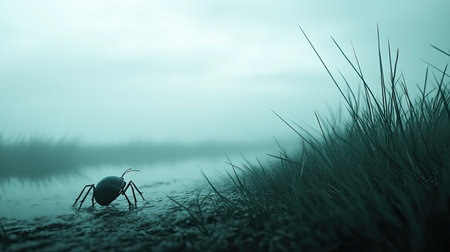 An eerie scene featuring a solitary insect navigating through a foggy wetland landscape, surrounded by gentle grasses and calm water. The atmosphere evokes a sense of mystery and tranquility.の素材