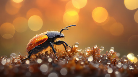 This stunning close-up image showcases a vibrant beetle adorned with dew drops, bringing attention to the intricate details of insects in their natural habitat.の素材