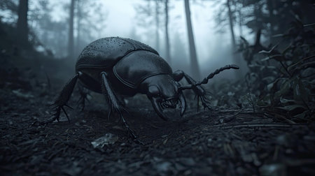 This captivating image features a dark beetle in a fog-laden forest, showcasing intricate details and an eerie atmosphere. Ideal for themes of nature and mystery.の素材