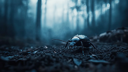 This captivating close-up image captures a beetle crawling on the damp earth in a misty forest, showcasing intricate details and a serene atmosphere.の素材