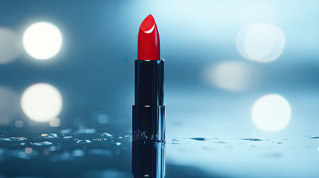 This stunning image features a vibrant red lipstick resting on a reflective surface, enhanced by soft lighting and a beautifully blurred background. Perfect for beauty and cosmetic themes.の素材