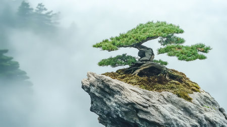 A stunning bonsai tree grows defiantly on a rocky cliff, surrounded by a soft mist. This serene nature scene embodies tranquility and resilience in a harmonious setting.の素材
