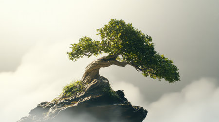 A breathtaking bonsai tree stands resilient on a rocky cliff, surrounded by a misty atmosphere, creating a serene and inspiring landscape scene.の素材