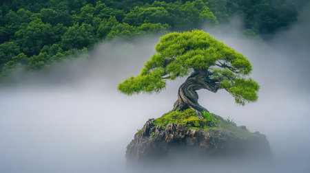 A striking image of a lone tree perched on a rocky island, enveloped by soft fog and rich greenery, creating an atmosphere of tranquility and beauty.の素材