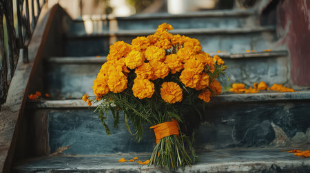 A beautiful arrangement of vibrant marigold flowers on decorative steps, showcasing the lively colors and inviting atmosphere of nature's beauty.の素材