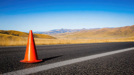 A bright orange traffic cone stands prominently on an empty road, framed by a picturesque landscape under a clear blue sky, suggesting tranquility.の素材