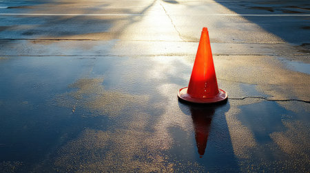 A vibrant orange traffic cone stands alone on a wet pavement, reflecting in puddles after rainfall. The scene captures an urban environment illuminated by soft light, highlighting safety and caution in construction zones.の素材