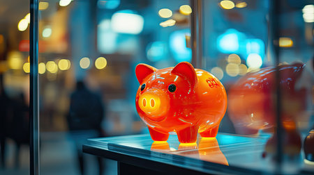 A vibrant orange piggy bank stands prominently on display, radiating charm in a modern retail setting, creating a cheerful atmosphere with soft bokeh highlights.の素材