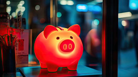 A charming glowing piggy bank creates a lively ambiance in a modern urban environment, featuring vibrant colors and soft reflections for a playful touch.の素材