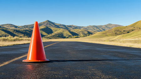 A bright orange traffic cone stands alone on an empty road, surrounded by lush green mountains under a clear blue sky, evoking a sense of tranquility.の素材
