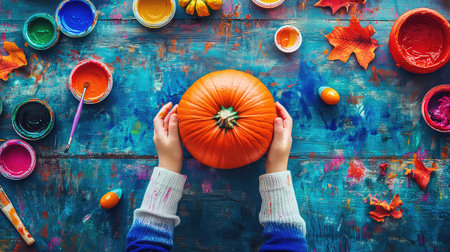 A vibrant autumn scene featuring hands holding an orange pumpkin, surrounded by colorful paints and leaves on a rustic wooden table. Ideal for seasonal art and decoration themes.の素材