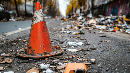 An orange traffic cone stands amid a chaotic scene of litter and debris on an urban street, highlighting issues of pollution and neglect in city environments.の素材