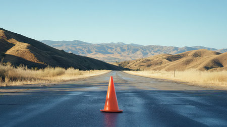 A vibrant orange traffic cone stands alone on an empty road, with rolling hills and a clear blue sky in the background, symbolizing safety and direction.の素材