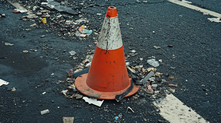 A vibrant orange traffic cone stands amidst a chaotic mess of litter and debris on a neglected urban roadway, symbolizing the need for city maintenance.の素材
