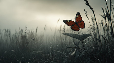 This captivating image features a vibrant orange butterfly perched on a leaf in a misty meadow, creating a tranquil and serene atmosphere in nature.の素材