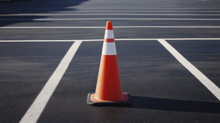 This image showcases a bright orange traffic cone placed in a freshly painted parking lot, emphasizing safety and urban design in a clean environment.の素材