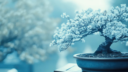 This image features a delicate bonsai tree with beautiful white flowers set against a serene blue background, capturing a tranquil ambiance ideal for relaxation and introspection.の素材
