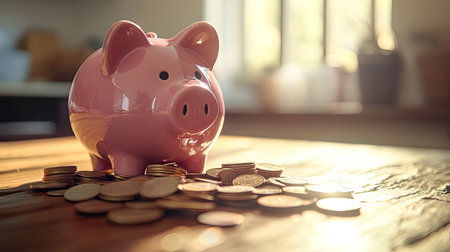 A cute pink piggy bank sits on a wooden table surrounded by shiny coins, capturing the essence of saving and responsible financial planning in a warm atmosphere.の素材