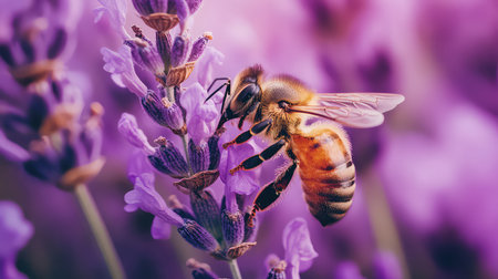 A honeybee is seen delicately collecting nectar from lavender flowers in a stunning close-up shot, highlighting the beauty of nature and pollination.の素材