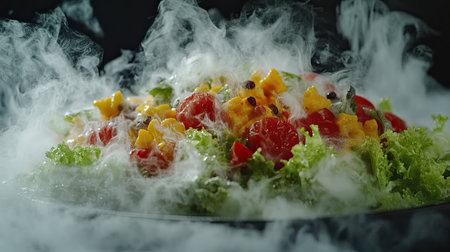 A vibrant salad featuring fresh vegetables and fruits, enhanced with a steaming smoke effect, showcasing culinary creativity and artistic food presentation.の素材