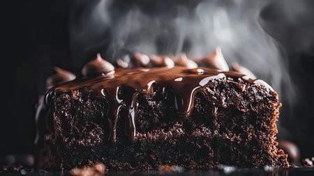 A rich and moist chocolate cake drizzled with melted chocolate. Steam rises in the air, enhancing the tempting allure of this delicious dessert.の素材