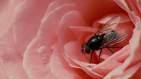 This captivating image captures a fly resting on the soft petals of a pink rose, showcasing intricate details that highlight the beauty of nature.の素材