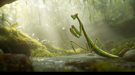 A stunning close-up of a green praying mantis poised elegantly in a tranquil forest setting, illuminated by soft sunlight filtering through leaves.の素材