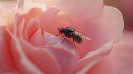 A stunning close-up image of an insect resting gently on the soft petals of a pink rose, showcasing the intricate beauty of nature's delicate flowers.の素材