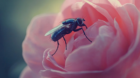 A captivating close-up image showcasing a fly resting on a vibrant pink flower petal. The soft natural light enhances the intricate details of both the insect and the bloom, creating a mesmerizing visual.の素材