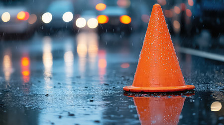 A striking orange traffic cone stands alone on a rainy street, surrounded by blurred car lights. The wet pavement reflects the scene, creating a vivid urban atmosphere.の素材