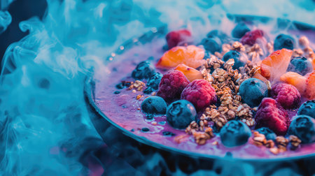 A visually striking smoothie bowl featuring a medley of fresh berries and granola, enveloped in a swirl of mist, perfect for health enthusiasts.の素材
