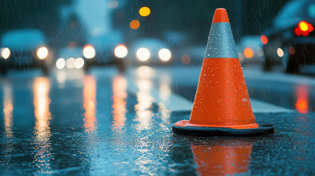 A vibrant orange traffic cone stands prominently on a wet street, reflecting raindrops as blurred car lights illuminate the background, creating a moody atmosphere.の素材
