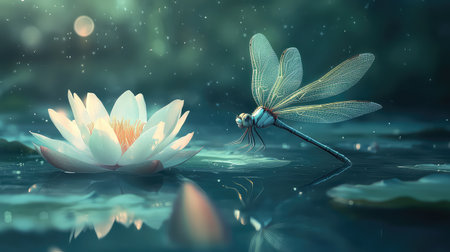 A delicate dragonfly rests on a beautiful lotus flower in a serene lake setting, capturing the essence of tranquility and natural beauty in soft light.の素材