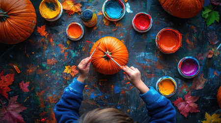 A child participates in a joyful pumpkin painting activity, surrounded by vibrant colors and autumn leaves, evoking the spirit of fall creativity.の素材