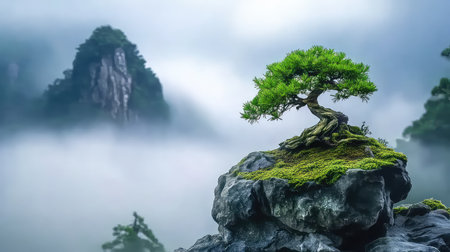 A tranquil bonsai tree emerges from a rocky formation, surrounded by misty mountains. This serene landscape captures the essence of nature's beauty and peace.の素材