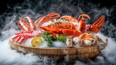 A stunning seafood platter featuring a variety of fresh shellfish, including lobster and crayfish, beautifully arranged on ice and garnished with a lemon slice.の素材