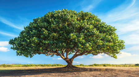 A majestic green tree stands alone under a bright blue sky adorned with wispy clouds. This tranquil scene captures the beauty of nature and serenity in an open field setting.の素材