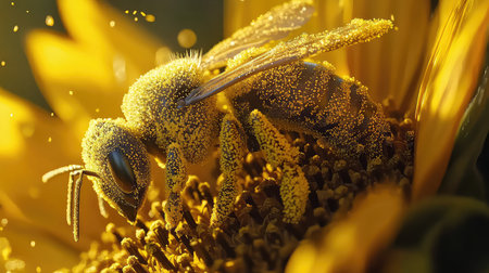 A stunning close-up of a bee gathering pollen from a vibrant sunflower. This image captures the intricate details of the bee and petals, showcasing nature's beauty.の素材
