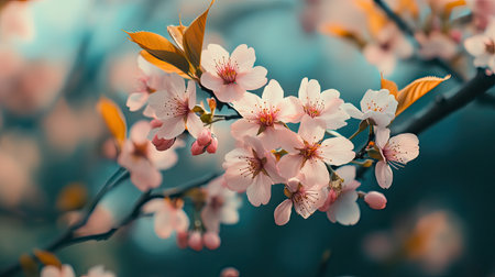 A stunning close-up of soft pink cherry blossom flowers gracing a delicate branch, capturing the essence of spring's beauty in nature.の素材