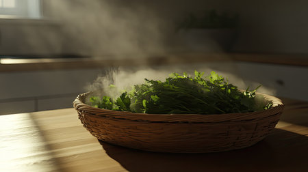 A basket of freshly harvested green herbs sits on a wooden kitchen table, with soft sunlight illuminating the scene and steam rising, enhancing the freshness and warmth.の素材