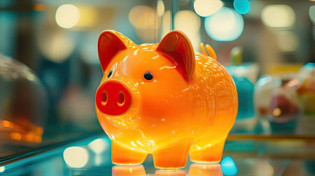 This vibrant orange piggy bank stands out with its shiny surface, symbolizing fun and savings. Perfect for financial-related concepts and playful designs.の素材